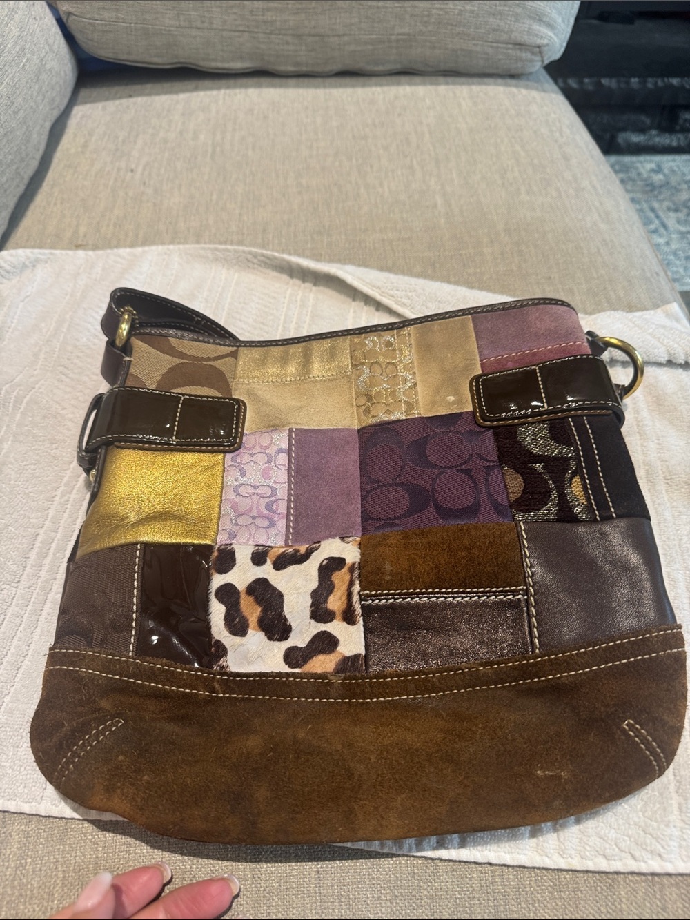 Coach Patchwork Shoulder Bag in Brown, Gold and Purple - Picture 5 of 9